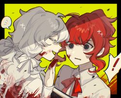 Rule 34 | !, 2girls, :d, blood, blood on clothes, blood on face, blood on hands, book, charlotte wiltshire, closed eyes, collared shirt, commentary request, face-to-face, grey eyes, hand up, hello charlotte, highres, holding, holding book, long hair, long sleeves, looking at another, multiple girls, neck ribbon, open mouth, red hair, red ribbon, ribbon, ringed eyes, scared, scarlett eyler, shirt, smile, speech bubble, sweatdrop, u5cbs, upper body, white hair, white ribbon, white shirt
