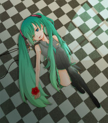 Rule 34 | boots, checkered background, checkered floor, floor, flower, green eyes, green hair, hatsune miku, headphones, long hair, lying, on back, sai (pirka), solo, thighhighs, twintails, vocaloid