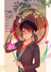Rule 34 | 1girl, absurdres, axis powers hetalia, blurry, closed mouth, depth of field, flower, framed, hat, highres, holding, holding flower, jade pendant, jewelry, leaf, light rays, looking at viewer, lotus, necklace, ponytail, shadow, solo, straw hat, tassel, upper body, vietnam (hetalia), vietnamese dress