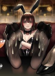 Rule 34 | 1girl, absurdres, animal ears, bare shoulders, black bow, black bowtie, black bra, black footwear, black pantyhose, blurry, blurry background, bow, bowtie, bra, breasts, brown hair, cocktail glass, commentary, commission, crossed arms, cum, cum on body, cum on feet, cup, depth of field, drinking glass, english commentary, eyelashes, fake animal ears, feet, feet on table, feet up, fine fabric emphasis, foot focus, foreshortening, grey eyes, hair between eyes, high heels, highres, indoors, long hair, looking at viewer, medium breasts, multicolored hair, nikishiko, no shoes, nontraditional playboy bunny, original, pantyhose, pixiv commission, rabbit ears, red hair, reflection, see-through, see-through legwear, shoes, unworn shoes, sidelocks, sitting, soles, solo, spread toes, streaked hair, toes, underwear