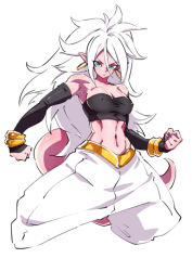 Rule 34 | abs, android 21, black sclera, black sleeves, breasts, colored sclera, colored skin, detached sleeves, dragon ball, earrings, gold choker, jewelry, kaminari, large breasts, looking at viewer, majin android 21, midriff, pants, pink skin, shiny skin, simple background, strapless, tail, tube top, white hair, white pants