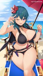 Rule 34 | 1girl, ;d, beach, beach umbrella, bikini, bikini top lift, black bikini, black capelet, blue hair, blue sky, breasts, byleth (female) (fire emblem), byleth (female) (summer) (fire emblem), byleth (fire emblem), capelet, cleavage, clothes lift, commentary request, crossed legs, day, feet out of frame, fire emblem, fire emblem: three houses, flower, gluteal fold, hair flower, hair ornament, hibiscus, highres, horizon, large breasts, lifted by self, long hair, looking at viewer, navel, nintendo, ocean, official alternate costume, one eye closed, open mouth, outdoors, purple eyes, red flower, sitting, sky, smile, solo, spiz, sweat, swimsuit, tassel, thigh strap, thighs, twitter username, umbrella, w, water, wristband