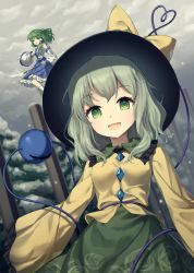 Rule 34 | 2girls, :d, bare shoulders, black headwear, blue skirt, bow, commentary, detached sleeves, floating, frilled shirt collar, frilled sleeves, frills, green eyes, green hair, green skirt, hat, hat bow, heart, heart of string, highres, kochiya sanae, komeiji koishi, long sleeves, looking at viewer, minust, multiple girls, open mouth, outdoors, shirt, short hair, skirt, smile, subterranean animism, third eye, touhou, tree, upper body, white legwear, white shirt, wide sleeves, yellow bow, yellow shirt
