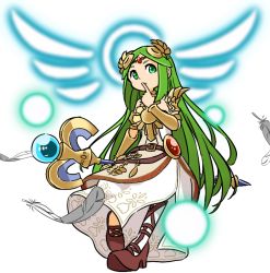 Rule 34 | 1girl, aqua eyes, armlet, belt, belt buckle, bracer, brown belt, brown footwear, buckle, circlet, dress, feathers, full body, green hair, high heels, highres, holding, holding staff, jewelry, kid icarus, leg up, long hair, necklace, nintendo, nishikuromori, palutena, parted bangs, side slit, simple background, single thighhigh, solo, staff, strapless, strapless dress, thighhighs, very long hair, white background, white dress, white thighhighs