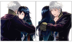Rule 34 | 1boy, 1girl, ameno (a meno0), armor, back, black gloves, blue eyes, blue gloves, blue hair, blush, brown eyes, comforting, commentary request, crying, crying with eyes open, fire emblem, fire emblem awakening, gloves, hair between eyes, hood, hood down, hooded robe, hug, lips, long hair, long sleeves, lucina (fire emblem), multiple views, nintendo, open mouth, parted lips, pink lips, robe, robin (fire emblem), robin (male) (fire emblem), short hair, shoulder armor, symbol-shaped pupils, tearing up, tears, teeth, tiara, white hair