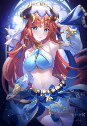 Rule 34 | 1girl, arm up, armpits, bare shoulders, blue eyes, breasts, brooch, cowboy shot, dancer, detached sleeves, earrings, genshin impact, highres, horns, jewelry, long hair, long sleeves, looking at viewer, medium breasts, miaogujun, midriff, miniskirt, nail polish, navel, nilou (genshin impact), open mouth, parted bangs, red hair, skirt, solo, stomach, thigh strap, thighs, veil