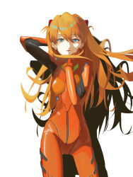 Rule 34 | 1girl, artist request, blue eyes, bodysuit, breasts, brown hair, curvy, expressionless, feet out of frame, highres, interface headset, long hair, medium breasts, neon genesis evangelion, pilot suit, plugsuit, rebuild of evangelion, red bodysuit, shiny clothes, simple background, smile, solo, souryuu asuka langley, standing, two side up, white background, wide hips