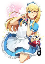 Rule 34 | 1boy, apron, black bow, black bowtie, black footwear, blonde hair, blue dress, blue eyes, blue hairband, bow, bowtie, character doll, closed mouth, commentary, crossdressing, dress, english commentary, frilled dress, frills, full body, hair between eyes, hairband, hands up, heart, heart hands, highres, kuki tan, kuma (persona 4), looking at viewer, male focus, one eye closed, parted bangs, persona, persona 4, puffy short sleeves, puffy sleeves, short sleeves, socks, solo, swept bangs, tongue, tongue out, trap, white apron, white socks