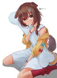 Rule 34 | 1girl, :t, absurdres, animal ears, asao (flavor of morning), blush, body pillow, bone hair ornament, braid, brown hair, choker, closed mouth, commentary, dog ears, dog girl, dog tail, dress, full body, hair between eyes, hair ornament, highres, hololive, hugging object, inugami korone, inugami korone (1st costume), jacket, looking at viewer, medium hair, off shoulder, pillow, pillow hug, pout, red choker, red eyes, red socks, side braids, simple background, sitting, sleeveless, sleeveless dress, socks, solo, tail, twin braids, virtual youtuber, wariza, white background, white dress, yellow jacket