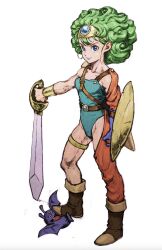 Rule 34 | 1girl, belt, blue eyes, blue gloves, blue leotard, boots, brown footwear, closed mouth, commentary request, dracky, dragon quest, dragon quest iv, full body, gloves, green hair, heroine (dq4), highres, holding, holding shield, holding sword, holding weapon, iwamoto tatsurou, leotard, medium hair, shield, simple background, single glove, smile, solo, standing, stepped on, sword, thighlet, weapon, white background