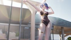 Rule 34 | 1girl, absurdres, armpits, arms up, black one-piece swimsuit, blue hair, bob cut, bracelet, breasts, collarbone, covered navel, earrings, feet out of frame, halterneck, highres, hoop earrings, inverted bob, jewelry, long legs, looking at viewer, medium breasts, multicolored hair, nail polish, nanaken nana, one-piece swimsuit, original, outdoors, parted lips, pink eyes, pink hair, short hair, solo, standing, swimsuit, thigh strap, thighs, two-tone hair