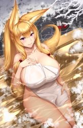 Rule 34 | 1girl, akitsuki karasu, animal ears, blonde hair, blush, breasts, cleavage, closed mouth, commentary request, covering privates, fox ears, fox girl, fox tail, from above, hair ornament, hand on own chest, kitsune, large breasts, long hair, looking at viewer, looking up, naked towel, nude cover, onsen, original, partially submerged, ponytail, purple eyes, sidelocks, sitting, smile, tail, thighs, towel, water, wet