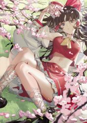 Rule 34 | 1girl, absurdres, ascot, black footwear, blunt bangs, bow, branch, brown eyes, brown hair, cherry blossoms, chinese commentary, commentary request, detached sleeves, foot out of frame, frilled bow, frilled hair tubes, frilled skirt, frills, grass, hair bow, hair tubes, hakurei reimu, hand up, highres, kouhaku nawa, loafers, long hair, looking at viewer, lying, midriff, navel, on back, on ground, parted lips, petals, puffy sleeves, red bow, red skirt, red vest, rope, sana (snari), shimenawa, shoes, skirt, socks, solo, touhou, vest, white sleeves, white socks, yellow ascot