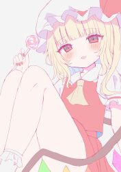 Rule 34 | 1girl, :p, ascot, blonde hair, blunt bangs, bobby socks, candy, collared shirt, feet out of frame, flandre scarlet, food, frilled sleeves, frills, hat, hat ribbon, head tilt, highres, holding, holding candy, holding food, holding lollipop, kou (10 no cut), lollipop, looking at viewer, multicolored wings, nail polish, one side up, puffy short sleeves, puffy sleeves, red eyes, red nails, red ribbon, red skirt, red vest, ribbon, shirt, short sleeves, simple background, skirt, sleeve ribbon, socks, solo, thighs, tongue, tongue out, touhou, vest, white background, white hat, white shirt, white socks, wings, yellow ascot