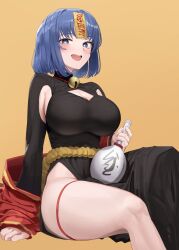 Rule 34 | 1girl, absurdres, alcohol, bell, black dress, blue eyes, blue hair, blush, bob cut, breasts, bright pupils, cleavage, cleavage cutout, clothing cutout, commentary, dress, goback, highres, large breasts, looking at viewer, medium hair, neck bell, open mouth, original, side slit, simple background, sitting, smile, solo, squinting, talisman, thigh strap