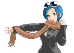 Rule 34 | 1girl, blue hair, glasses on head, looking at viewer, may lee, scarf, smile, snk, the king of fighters