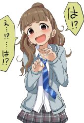 Rule 34 | blue jacket, blue necktie, blunt bangs, blush, breasts, brown eyes, brown hair, collarbone, dot nose, grey skirt, hair bun, hands up, highres, idolmaster, idolmaster cinderella girls, idolmaster cinderella girls starlight stage, jacket, kamiya nao, long hair, looking at viewer, medium breasts, necktie, open clothes, open jacket, open mouth, plaid, plaid skirt, pleated skirt, school uniform, shirt, shy, simple background, single hair bun, skirt, solo, speech bubble, striped necktie, sweat, thick eyebrows, white background, white shirt, yamamoto souichirou