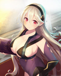 Rule 34 | 1girl, ass, blush, book, breasts, butt crack, cleavage, collarbone, corrin (female) (fire emblem), corrin (fire emblem), cosplay, dark mage (fire emblem fates), duplicate, fire emblem, fire emblem fates, grey hair, hairband, highres, holding, holding book, indoors, kashiwamochi yomogi, large breasts, leotard, long hair, looking at viewer, nintendo, no cape, nyx (fire emblem), nyx (fire emblem) (cosplay), official alternate costume, pointy ears, red eyes, see-through, sideboob, skin tight, smile, solo, upper body, very long hair
