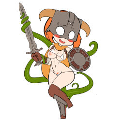 Rule 34 | 1other, :d, bikini, blush stickers, boots, breasts, brown footwear, brown gloves, chibi, dovahkiin, dovakini-chan (nisetanaka), female pubic hair, full body, gloves, holding, holding shield, holding sword, holding weapon, horned mask, imminent penetration, imminent vaginal, large breasts, looking at viewer, lying, mask, navel, nipples, nisetanaka, on stomach, one breast out, open mouth, orange eyes, orange hair, ponytail, pubic hair, shield, simple background, smile, standing, standing on one leg, stomach, string bikini, swimsuit, sword, tentacles, the elder scrolls, the elder scrolls v: skyrim, thigh boots, weapon, white background, white bikini