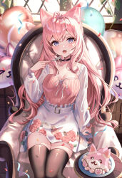 Rule 34 | 1girl, :3, absurdres, alternate costume, animal ear fluff, animal ears, antenna hair, arm at side, armchair, asymmetrical breasts, balloon, belt, birthday, black choker, breasts, brown thighhighs, cake, chair, character balloon, character food, choker, cleavage, collarbone, confetti, day, detached sleeves, fang, feet out of frame, floral print, food, fork, frilled skirt, frills, hakui koyori, hand up, head tilt, heart, heart-shaped pupils, heart choker, heart in eye, highres, holding, holding fork, hololive, indoors, kokoro (hakui koyori), large breasts, long hair, long sleeves, looking at viewer, lucy (rusi-juren328), medium breasts, miniskirt, nail polish, on chair, open mouth, paw print, pink hair, pink nails, pink pupils, pink shirt, plate, print skirt, purple eyes, ribbed shirt, ribbon, rose print, shirt, shirt tucked in, sitting, skindentation, skirt, sleeves past wrists, solo, square neckline, symbol-shaped pupils, symbol in eye, table, thighhighs, two-tone shirt, very long hair, virtual youtuber, wavy hair, white belt, white ribbon, white skirt, white sleeves, wolf ears, wolf girl, zettai ryouiki