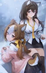 Rule 34 | 1girl, 2girls, absurdres, ahoge, animal ear fluff, animal ears, bare shoulders, black skirt, black thighhighs, bow, breasts, brown eyes, brown hair, cleavage, closed mouth, clothing cutout, collarbone, collared shirt, commentary request, cup, dress shirt, girls&#039; frontline neural cloud, grey eyes, hair between eyes, hair bow, hair ornament, hannah (neural cloud), hansum, highres, holding, holding cup, jacket, long hair, long sleeves, looking at viewer, low twintails, medium breasts, mother and daughter, mug, multicolored hair, multiple girls, necktie, off shoulder, parted lips, pink jacket, pleated skirt, puffy long sleeves, puffy sleeves, shirt, skirt, sleeveless, sleeveless shirt, smile, snowing, steam, tail, tail through clothes, thighhighs, turing (neural cloud), twintails, two-tone hair, very long hair, white hair, white shirt, yellow bow, yellow necktie