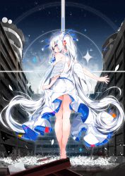 Rule 34 | 1girl, absurdres, angel wings, bare arms, bare shoulders, bare tree, barefoot, blue eyes, blue ribbon, blue sky, blush, breasts, building, cloud, commentary request, day, dress, feathered wings, from behind, hair between eyes, hair ornament, hair ribbon, hairclip, highres, kamioka shun&#039;ya, long hair, looking at viewer, looking back, mini wings, original, outdoors, profile, ribbon, ruins, sideboob, silver hair, sky, sleeveless, sleeveless dress, small breasts, solo, standing, star (sky), starry sky, steel beam, tree, twintails, very long hair, white dress, white wings, wings