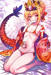 1girl bare_shoulders blonde_hair collarbone crown dragon_tail facial_mark fate/grand_order fate_(series) female_focus fingernails flat_chest hair_bun hanagata_kai highres long_fingernails long_toenails nero_claudius_(fate) nero_claudius_(fate)_(all) queen_draco_(fate) red_eyes scales shiny_skin tagme tail toenails