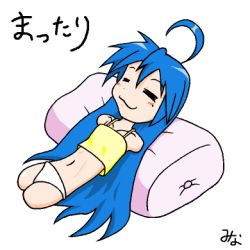Rule 34 | 00s, 1girl, = =, amputee, blue hair, female focus, full body, izumi konata, long hair, lowres, lucky star, lying, panties, pillow, quadruple amputee, ribbon, solo, tagme, underwear, white background