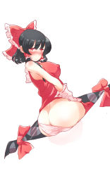 Rule 34 | 1girl, ass, bad id, bad pixiv id, black hair, blush, bow, breasts, butt crack, clothes pull, covered erect nipples, detached sleeves, dress pull, embarrassed, gap (touhou), hair ribbon, hair tubes, hakurei reimu, highres, large breasts, non (z-art), panties, panty pull, red eyes, ribbon, simple background, sitting, tearing up, touhou, underwear, white background