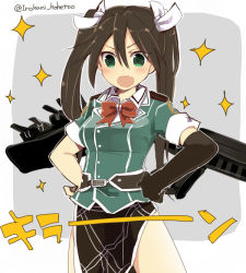 Rule 34 | 10s, 1girl, brown hair, gloves, green eyes, hair ribbon, hands on own hips, kantai collection, long hair, nozomu144, pelvic curtain, ribbon, simple background, smile, solo, tone (kancolle), tone kai ni (kancolle), twintails