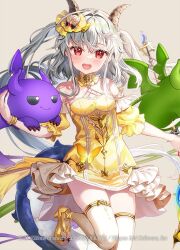 Rule 34 | 1girl, :d, bare shoulders, breasts, brown background, commentary request, detached sleeves, dragon girl, dragon horns, dragon princess (z/x), dragon tail, dress, fujima takuya, grey hair, hair between eyes, high heels, horns, long hair, looking at viewer, official art, open mouth, puffy short sleeves, puffy sleeves, red eyes, shoes, short sleeves, simple background, small breasts, smile, solo, tail, thighhighs, two side up, very long hair, white thighhighs, yellow dress, yellow footwear, yellow sleeves, z/x