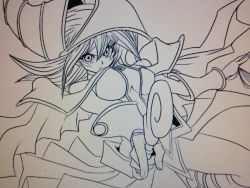 Rule 34 | 1girl, artist request, bare shoulders, beasts, breasts, dark magician girl, duel monster, female focus, gradient background, hat, long hair, looking at viewer, magical girl, monochrome, solo, wand, wizard hat, yu-gi-oh!, yu-gi-oh! duel monsters