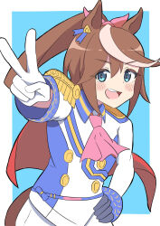 Rule 34 | 1girl, animal ears, aoi tenjiku, ascot, asymmetrical gloves, black gloves, blue background, blue eyes, border, bow, brown hair, buttons, cape, commentary request, double-breasted, ear ornament, epaulettes, gloves, hair between eyes, hand on own hip, highres, horse ears, horse girl, horse tail, jacket, long hair, long sleeves, looking at viewer, mismatched gloves, multicolored clothes, multicolored hair, multicolored jacket, open mouth, pink ascot, pink bow, ponytail, red cape, simple background, single epaulette, smile, solo, streaked hair, tail, teeth, tokai teio (umamusume), two-tone jacket, umamusume, upper body, upper teeth only, v, very long hair, white border, white gloves, white hair