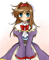 Rule 34 | 1girl, ahoge, belt, blouse, blue eyes, bow, brown hair, closed mouth, coat, commentary request, dress, gloves, hair down, hairband, hekikuu (kanaderuyume), long hair, purple dress, red hairband, ribbon, shirt, solo, virginia maxwell, white background, white shirt, wild arms, wild arms 3