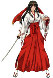 Rule 34 | 1girl, black hair, brown eyes, brown hair, female focus, headband, highres, holding, holding sword, holding weapon, japanese clothes, long hair, long sleeves, looking at viewer, low-tied long hair, miko, official art, queen&#039;s blade, sandals, serious, sheath, solo, sword, tabi, tomoe (queen&#039;s blade), transparent background, unsheathing, very long hair, weapon, wide sleeves