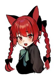 Rule 34 | 1girl, animal ears, black bow, bow, bowtie, braid, cat ears, cat girl, commentary, extra ears, fang, green bow, green bowtie, hair bow, highres, kaenbyou rin, long hair, looking at viewer, open mouth, red eyes, red hair, side braids, simple background, skin fang, solo, symbol-only commentary, touhou, twin braids, upper body, utsuro114514, white background