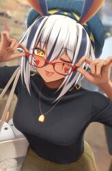 Rule 34 | 1girl, animal ears, black hair, black sweater, blurry, blurry background, blush, bra, bra visible through clothes, breasts, bright pupils, brown pants, casual, fate/grand order, fate (series), glasses, hair between eyes, hat, heart, highres, holding, holding removed eyewear, jewelry, leaning forward, long sleeves, medium breasts, medjed (fate), multicolored hair, nitocris (fate), nitocris alter (fate), one eye closed, orange eyes, pants, particle sfs, pendant, red-framed eyewear, sidelocks, streaked hair, sweater, tongue, tongue out, underwear, unworn eyewear, white bra, white hair