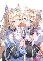 Rule 34 | 2girls, absurdres, animal ear fluff, animal ears, belt, belt collar, black collar, black jacket, blonde hair, blue belt, blue hair, blush, breasts, cleavage, cleavage cutout, clothing cutout, collar, cropped jacket, cropped shirt, dog ears, dog girl, dog tail, doughnut, dress, food, fur-trimmed jacket, fur trim, fuwawa abyssgard, fuwawa abyssgard (1st costume), hair ornament, hairpin, headphones, headphones around neck, highres, holding hands, hololive, hololive english, jacket, kouhiipan, large breasts, long hair, looking at viewer, medium hair, mococo abyssgard, mococo abyssgard (1st costume), multicolored hair, multiple girls, pink belt, pink hair, pink nails, pon de ring, siblings, sidelocks, sisters, small breasts, smile, streaked hair, tail, twins, two side up, virtual youtuber, white dress, x hair ornament