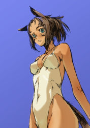 Rule 34 | 00s, 1girl, animal ears, bad id, bad pixiv id, blue eyes, blush, branch (blackrabbits), brown hair, final fantasy, final fantasy xi, mithra (ff11), one-piece swimsuit, short hair, solo, swimsuit, tail