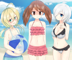 Rule 34 | 10s, 3girls, ahoge, arms at sides, ball, beach, beachball, bikini, bikini top only, blonde hair, blue eyes, blush, breast envy, breasts, brown eyes, brown hair, cleavage, cloud, collarbone, day, flat chest, glasses, green eyes, hair over one eye, hamakaze (kancolle), hands on own chest, i-8 (kancolle), kantai collection, large breasts, looking at viewer, low twintails, midriff, multiple girls, navel, nenosame (nenosame5 ), ocean, outdoors, red-framed eyewear, ryuujou (kancolle), shaded face, short hair, silver hair, sky, smile, swimsuit, twintails, water