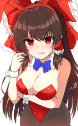 Rule 34 | 1girl, animal ears, bad id, bad twitter id, black pantyhose, blue bow, blue bowtie, bow, bowtie, breasts, brown hair, cleavage, cowboy shot, detached collar, hair tubes, hakurei reimu, half updo, highres, leotard, long hair, looking at viewer, medium breasts, pantyhose, playboy bunny, rabbit ears, red eyes, red leotard, sidelocks, simple background, solo, strapless, strapless leotard, tksand, touhou, white background, wrist cuffs