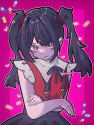 Rule 34 | 1girl, ame-chan (needy girl overdose), bandaid, bare shoulders, black choker, black skirt, blush stickers, bow, breasts, choker, closed mouth, collar, collarbone, crossed arms, dress, ear piercing, earrings, frills, grey eyes, grey hair, hair ornament, highres, jewelry, looking at viewer, needy girl overdose, piercing, pill, pink background, pleated skirt, ribbon, shirt, skirt, sleeveless, sleeveless dress, solo, solo focus, suspenders, upper body, white shirt, x hair ornament, yunie suu