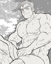 Rule 34 | 1boy, abs, bara, blush, facial hair, feet out of frame, greyscale, highres, huge eyebrows, large pectorals, looking at viewer, m cwfe, male focus, mature male, monochrome, muscular, muscular male, navel, nipples, pectorals, short hair, sideburns, sideburns stubble, smile, solo, stomach, stubble, tokyo houkago summoners, topless male, towel around waist, wet, zao (housamo)