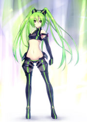 Rule 34 | 1girl, bad id, bad pixiv id, bare shoulders, boots, breasts, crop top, expressionless, garuku, green hair, groin, hair between eyes, legs, long hair, looking at viewer, midriff, navel, original, pink eyes, skin tight, small breasts, solo, standing, stomach, thigh boots, thighhighs, twintails, very long hair
