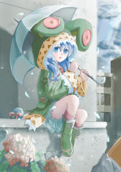Rule 34 | 10s, 1girl, animal hood, blue eyes, boots, date a live, flower, green footwear, highres, himonoata, holding, hood, hooded jacket, hydrangea, jacket, long hair, looking at viewer, parted lips, solo, td, umbrella, yoshino (date a live)