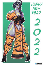 Rule 34 | 1girl, 2022, absurdres, android, animal print, ass, black hair, breasts, capcom, china dress, chinese clothes, chinese zodiac, colored skin, dress, female seth (street fighter), grey skin, hair over one eye, high heels, highres, huge breasts, looking at viewer, looking back, makeup, street fighter, thick thighs, thighhighs, thighs, tiger print, tiger stripes, xxfujiwara, year of the tiger, yellow eyes