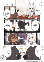 Rule 34 | ...!, 2girls, 4koma, absurdres, black leotard, blanc (nikke), blush stickers, brown hair, chibi, comic, commentary, dark-skinned female, dark skin, english commentary, english text, fox shadow puppet, goddess of victory: nikke, highres, leotard, multiple girls, noir (nikke), official art, playboy bunny, pole dancing, screen, second-party source, shadow puppet, silhouette, speech bubble, totatokeke, white hair, white leotard, wrist cuffs, yellow eyes