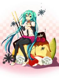 Rule 34 | 1girl, aqua eyes, aqua hair, bad id, bad pixiv id, checkered background, cherry, food, fruit, hatsune miku, hiromin, leggings, long hair, no socks, open mouth, pocky, pudding, scrunchie, sitting, skirt, solo, strawberry, twintails, very long hair, vocaloid