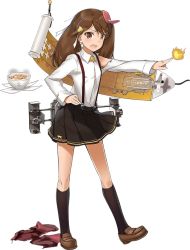 Rule 34 | 10s, 1girl, aircraft, airplane, anchor symbol, blouse, blush, bowl, brown eyes, brown footwear, brown hair, brown socks, brown skirt, food, full body, hair ornament, hairclip, hand on own hip, kantai collection, kneehighs, kuuro kuro, loafers, long hair, long sleeves, looking at viewer, machinery, magatama, official art, open mouth, pink hair, pleated skirt, ryuujou (kancolle), scroll, shikigami, shirt, shoes, skirt, socks, solo, standing, steam, sukiya, suspender skirt, suspenders, torn clothes, torn shirt, transparent background, twintails, visor cap, white background, white shirt