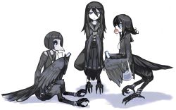 Rule 34 | anklet, bag, black hair, black sailor collar, black shirt, blouse, blue eyes, bob cut, cellphone, closed mouth, drinking, eating, hair between eyes, harpy, holding, holding phone, idon, jewelry, long hair, looking at viewer, monster girl, mouth hold, original, phone, plague doctor mask, pleated skirt, sailor collar, school uniform, serafuku, shirt, sitting, skirt, smartphone, standing, winged arms, wings